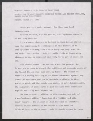 Primary view of object titled '[John Tower Speech on Military Reserves given at the Dedication of Army Reserve Training Center and Flight Facility at the Dallas Naval Air Station in Dallas, Texas, March 27, 1977]'.