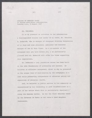 Primary view of object titled '[John Tower Speech on Dorrance D. Roderick given to the U.S. Senate Anti-Trust Subcommittee, August 8, 1967]'.
