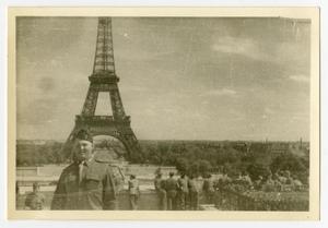 Primary view of object titled '[Postcard of Edward Johnson and Eiffel Tower]'.