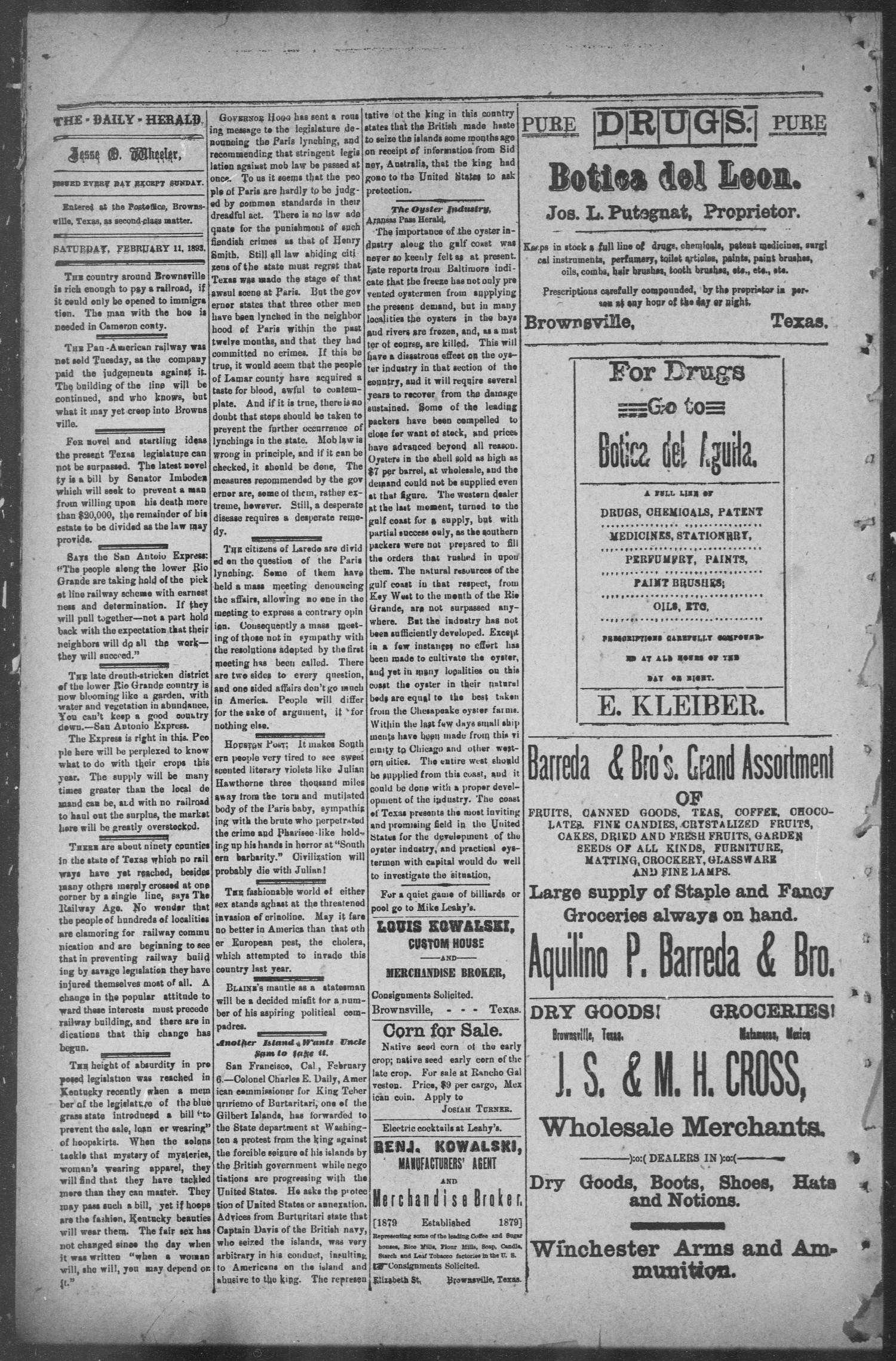 The Daily Herald (Brownsville, Tex.), Vol. 1, No. 192, Ed. 1, Saturday, February 11, 1893
                                                
                                                    [Sequence #]: 2 of 4
                                                