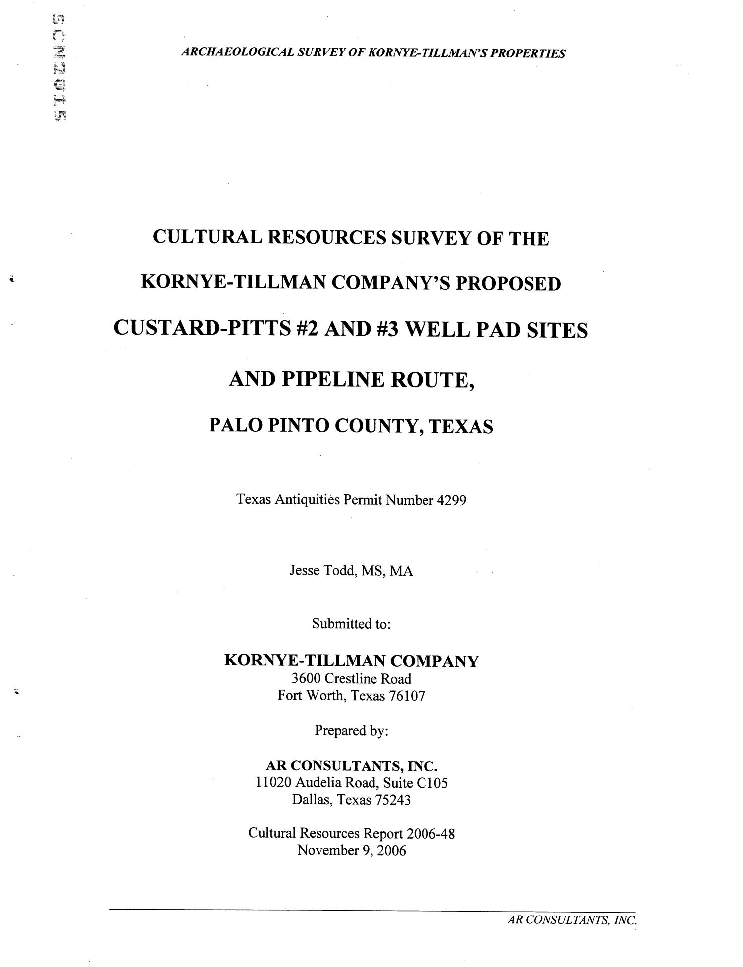 Cultural Resources Survey of the Kornye-Tillman Company's Proposed Custard-Pitts #2 and #3 Well Pad Sites and Pipeline Route, Palo Pinto County, Texas
                                                
                                                    Title Page
                                                