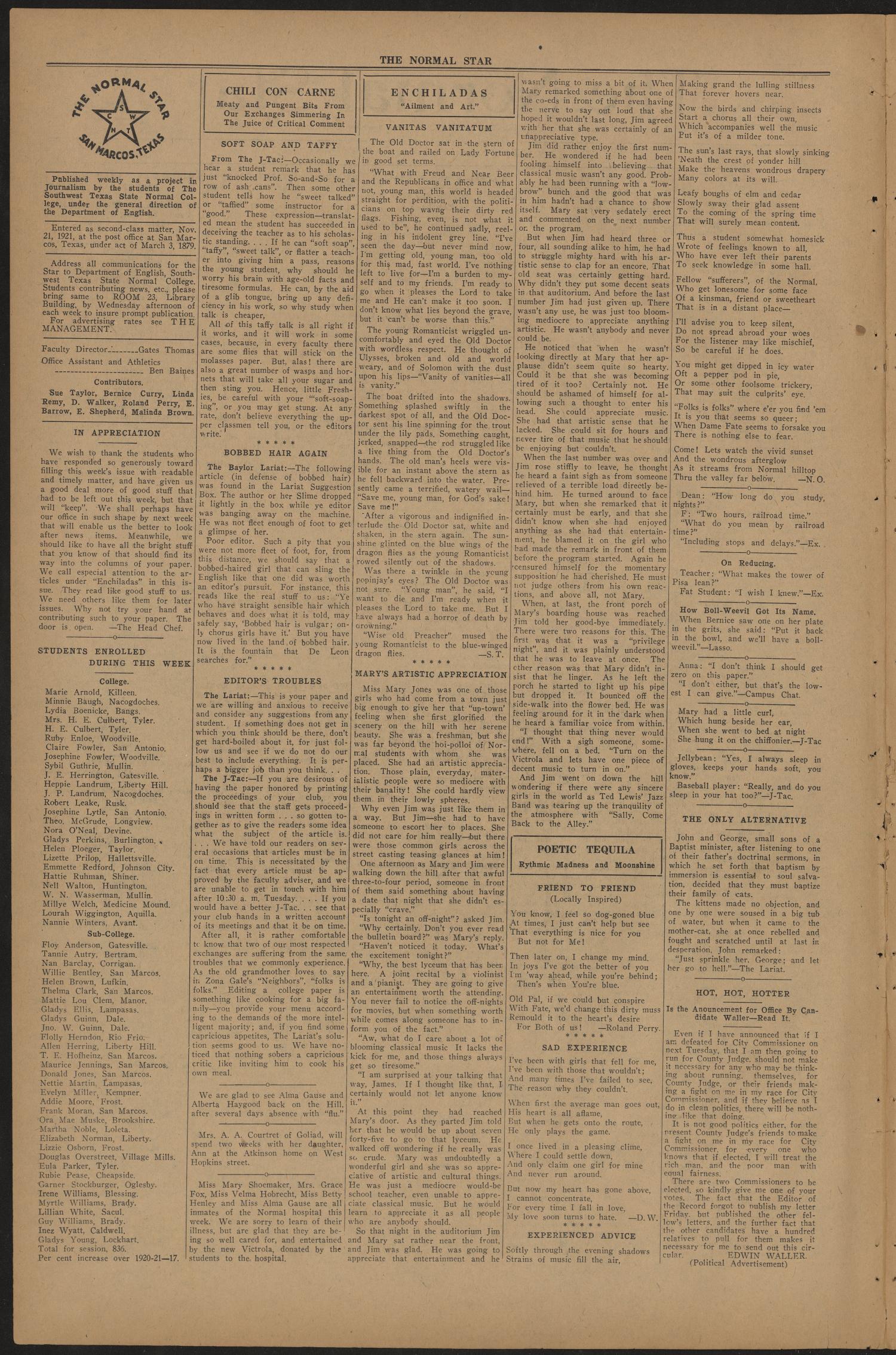 The Normal Star (San Marcos, Tex.), Vol. 10, No. 24, Ed. 1 Saturday, April 1, 1922
                                                
                                                    [Sequence #]: 2 of 4
                                                
