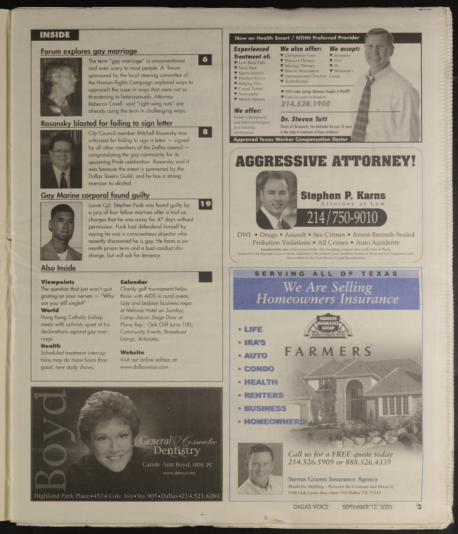 Dallas Voice (Dallas, Tex.), Vol. 20, No. 20, Ed. 1 Friday, September 12, 2003
                                                
                                                    [Sequence #]: 3 of 68
                                                