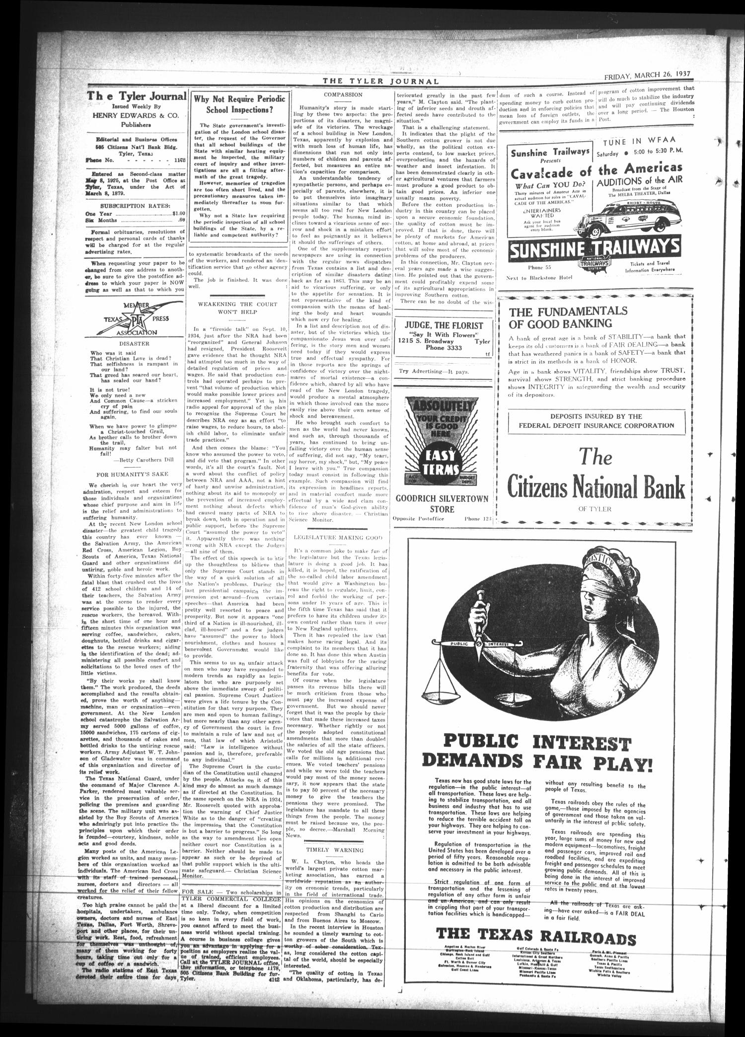 The Tyler Journal (Tyler, Tex.), Vol. 12, No. 48, Ed. 1 Friday, March 26, 1937
                                                
                                                    [Sequence #]: 2 of 16
                                                