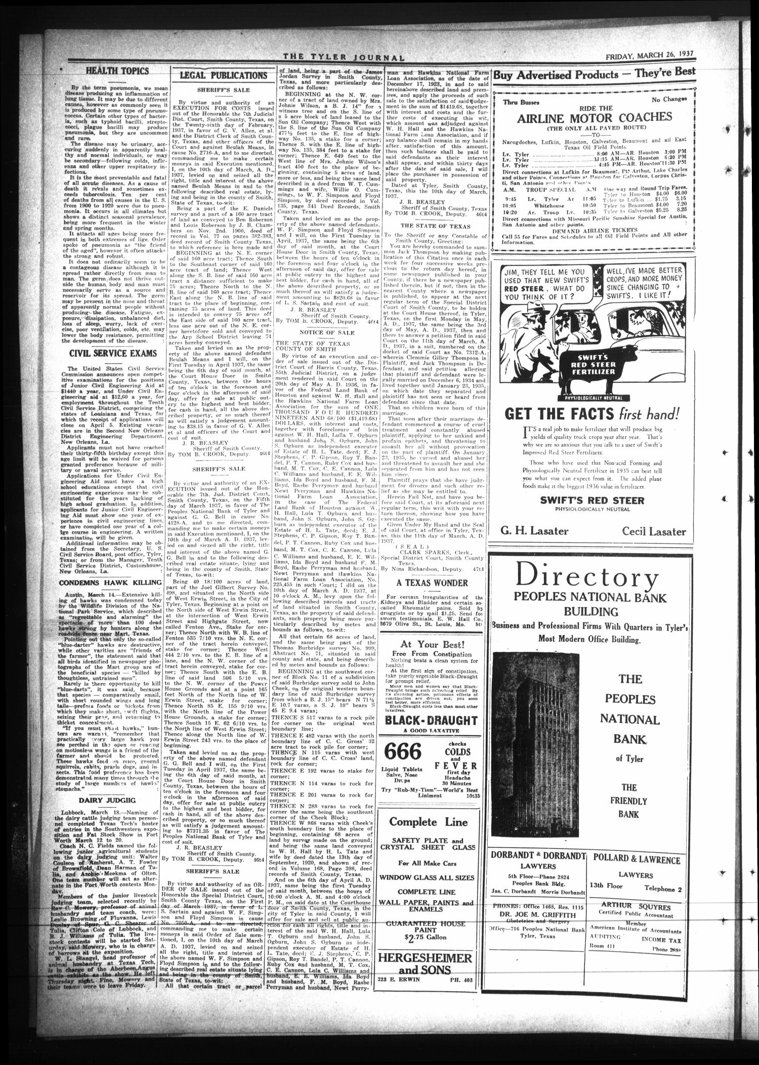 The Tyler Journal (Tyler, Tex.), Vol. 12, No. 48, Ed. 1 Friday, March 26, 1937
                                                
                                                    [Sequence #]: 6 of 16
                                                