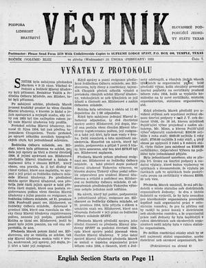 Primary view of object titled 'Věstník (West, Tex.), Vol. 43, No. 7, Ed. 1 Wednesday, February 16, 1955'.