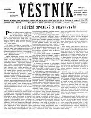 Primary view of object titled 'Věstník (West, Tex.), Vol. 39, No. 34, Ed. 1 Wednesday, August 22, 1951'.