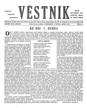 Primary view of object titled 'Věstník (West, Tex.), Vol. 37, No. 14, Ed. 1 Wednesday, April 6, 1949'.