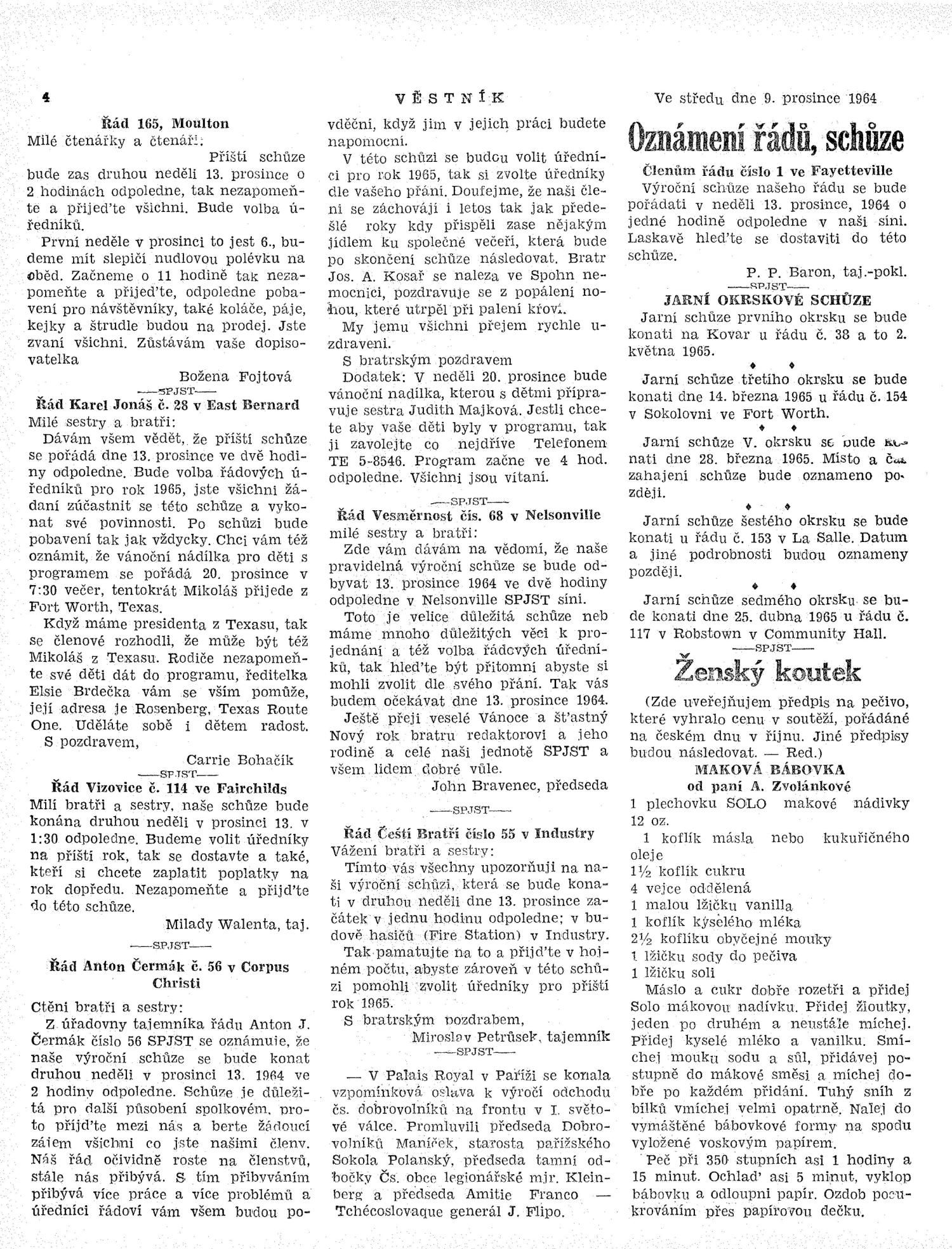 Věstník (West, Tex.), Vol. 52, No. 49, Ed. 1 Wednesday, December 9, 1964
                                                
                                                    [Sequence #]: 4 of 32
                                                