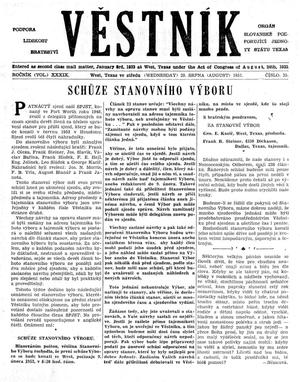 Primary view of Věstník (West, Tex.), Vol. 39, No. 35, Ed. 1 Wednesday, August 29, 1951
