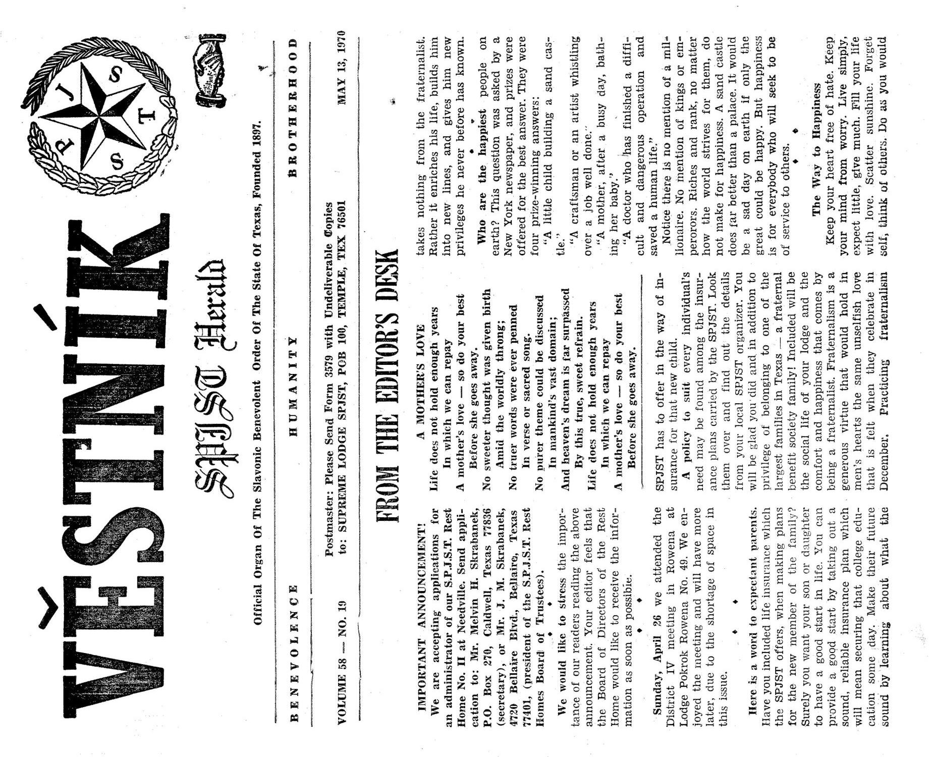 Věstník (West, Tex.), Vol. 58, No. 19, Ed. 1 Wednesday, May 13, 1970
                                                
                                                    [Sequence #]: 1 of 32
                                                