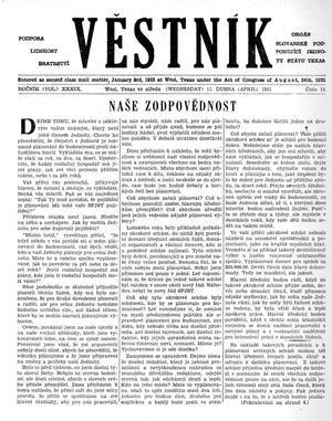 Primary view of object titled 'Věstník (West, Tex.), Vol. 39, No. 15, Ed. 1 Wednesday, April 11, 1951'.