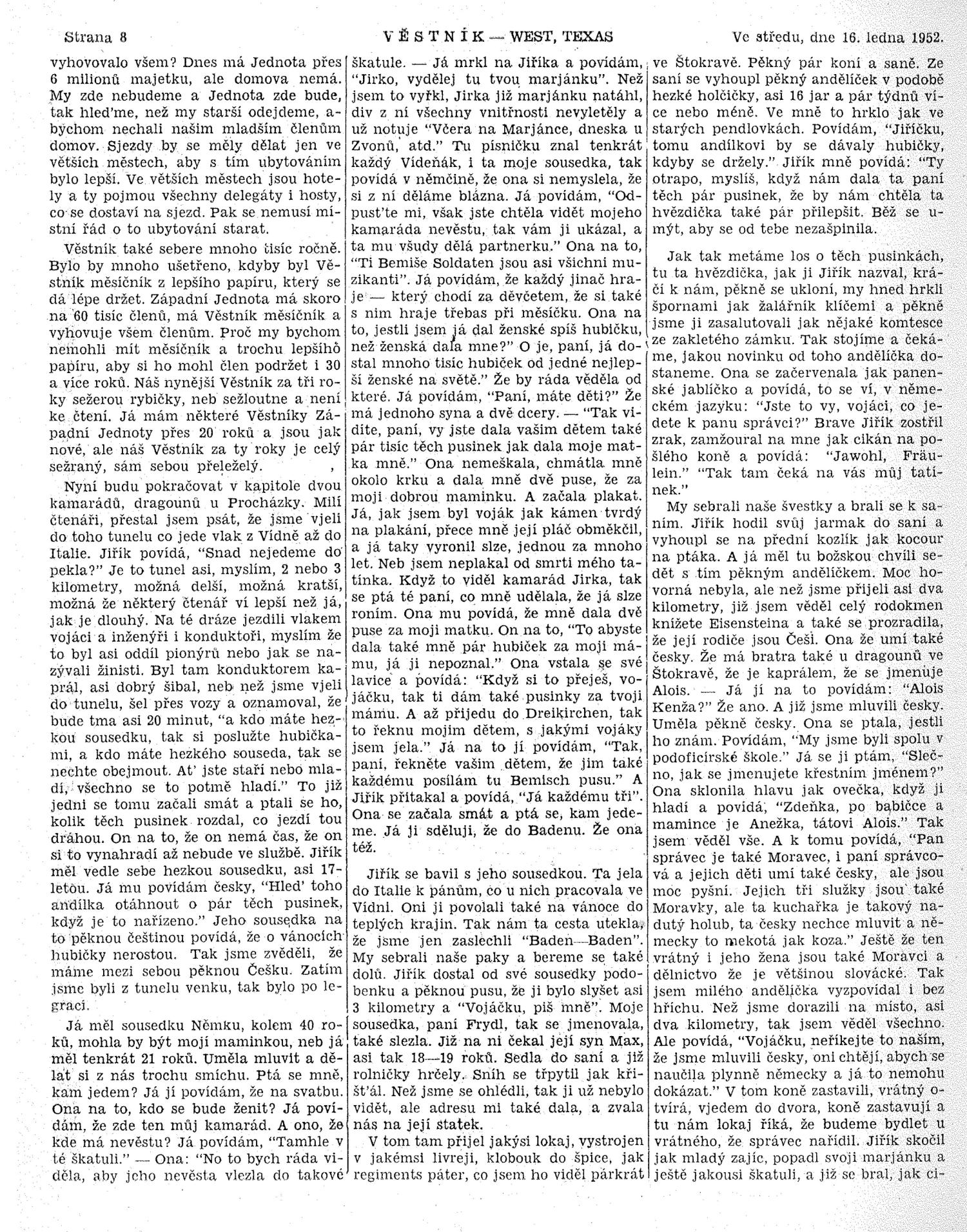 Věstník (West, Tex.), Vol. 40, No. 3, Ed. 1 Wednesday, January 16, 1952
                                                
                                                    [Sequence #]: 8 of 32
                                                