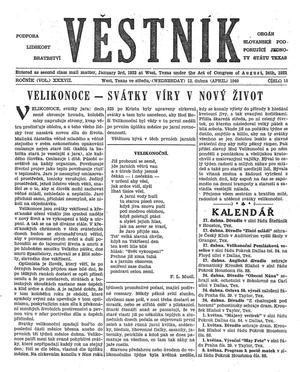 Primary view of object titled 'Věstník (West, Tex.), Vol. 37, No. 15, Ed. 1 Wednesday, April 13, 1949'.