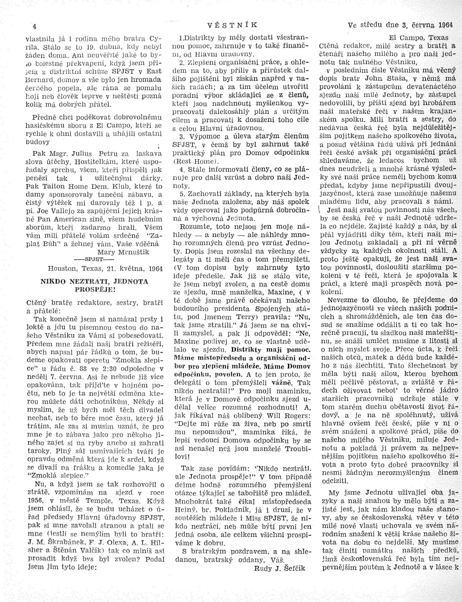 Věstník (West, Tex.), Vol. 52, No. 23, Ed. 1 Wednesday, June 3, 1964
                                                
                                                    [Sequence #]: 4 of 32
                                                
