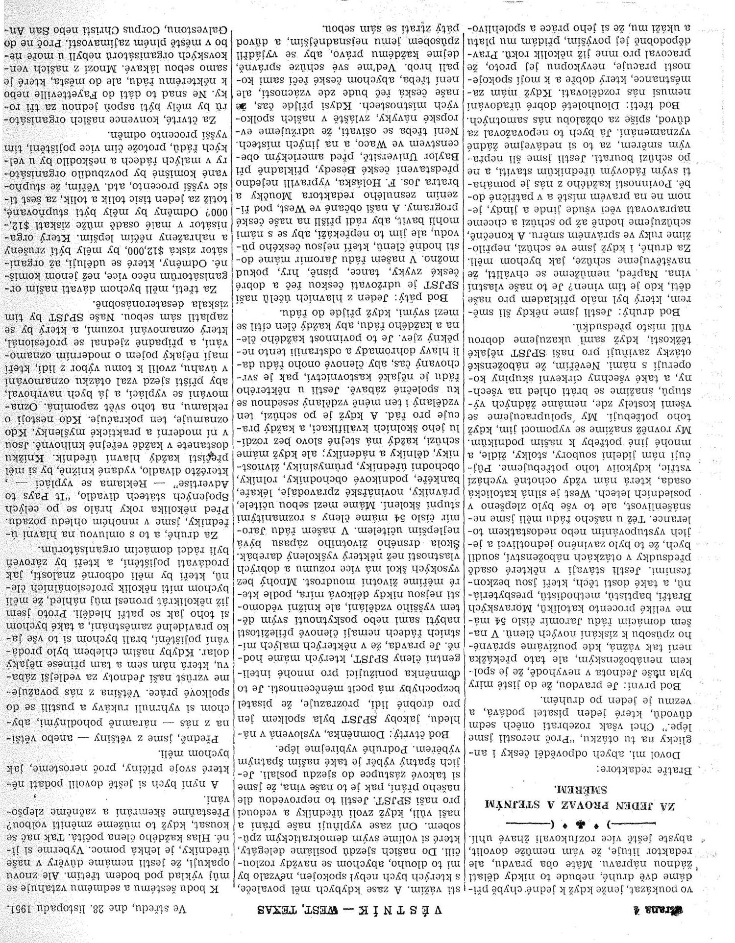 Věstník (West, Tex.), Vol. 39, No. 48, Ed. 1 Wednesday, November 28, 1951
                                                
                                                    [Sequence #]: 4 of 32
                                                