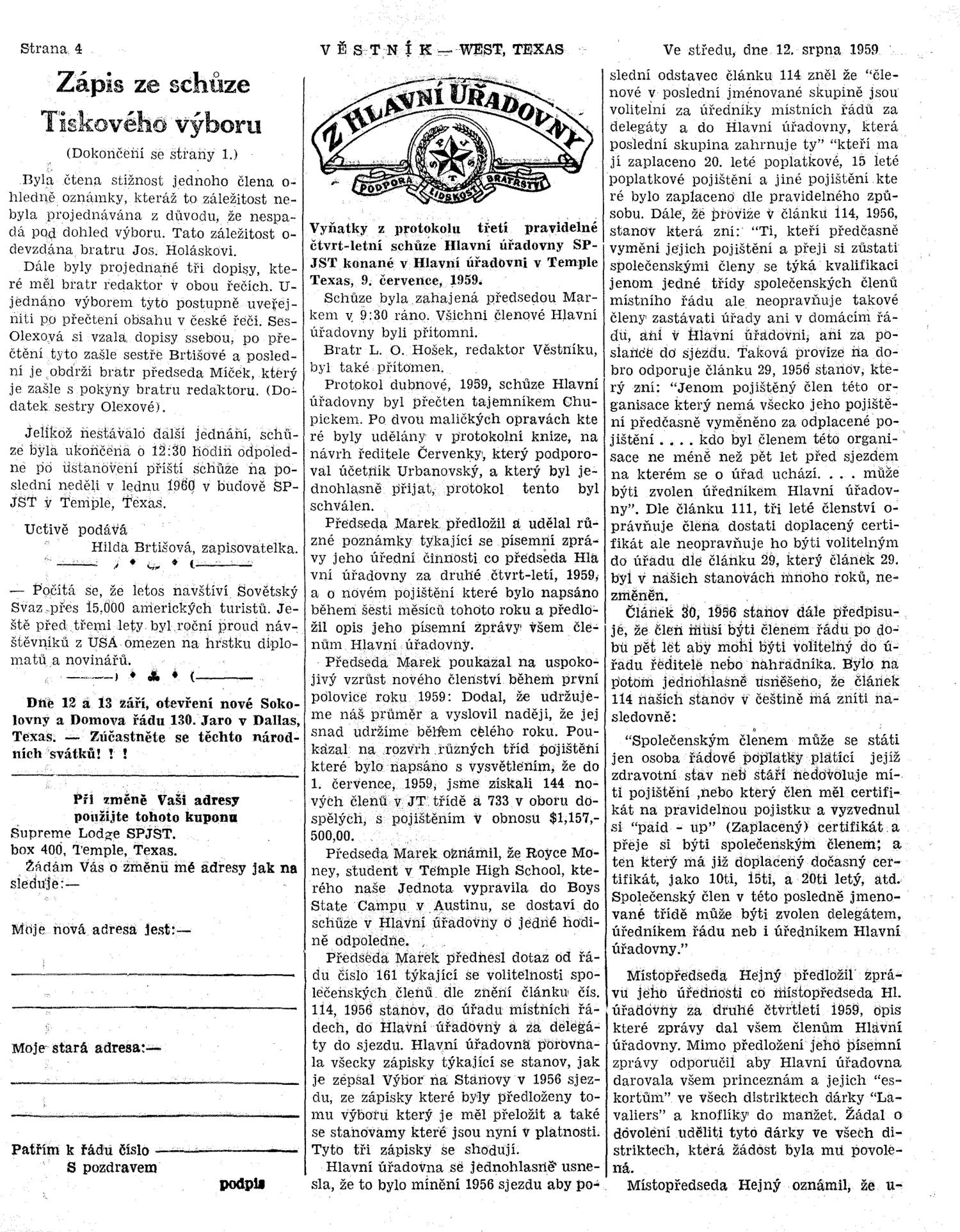Věstník (West, Tex.), Vol. 47, No. 32, Ed. 1 Wednesday, August 12, 1959
                                                
                                                    [Sequence #]: 4 of 32
                                                