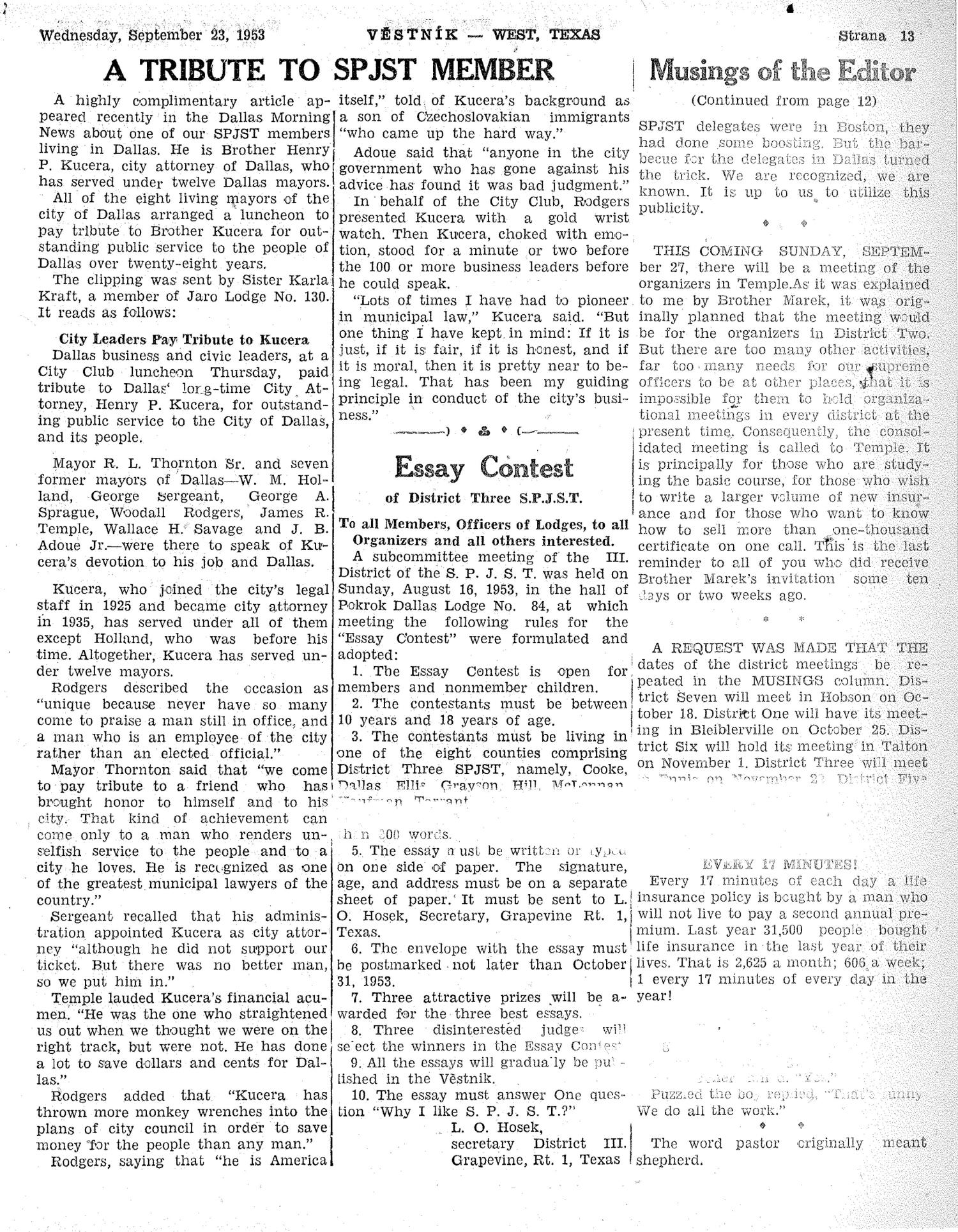 Věstník (West, Tex.), Vol. 41, No. 39, Ed. 1 Wednesday, September 23, 1953
                                                
                                                    [Sequence #]: 13 of 32
                                                