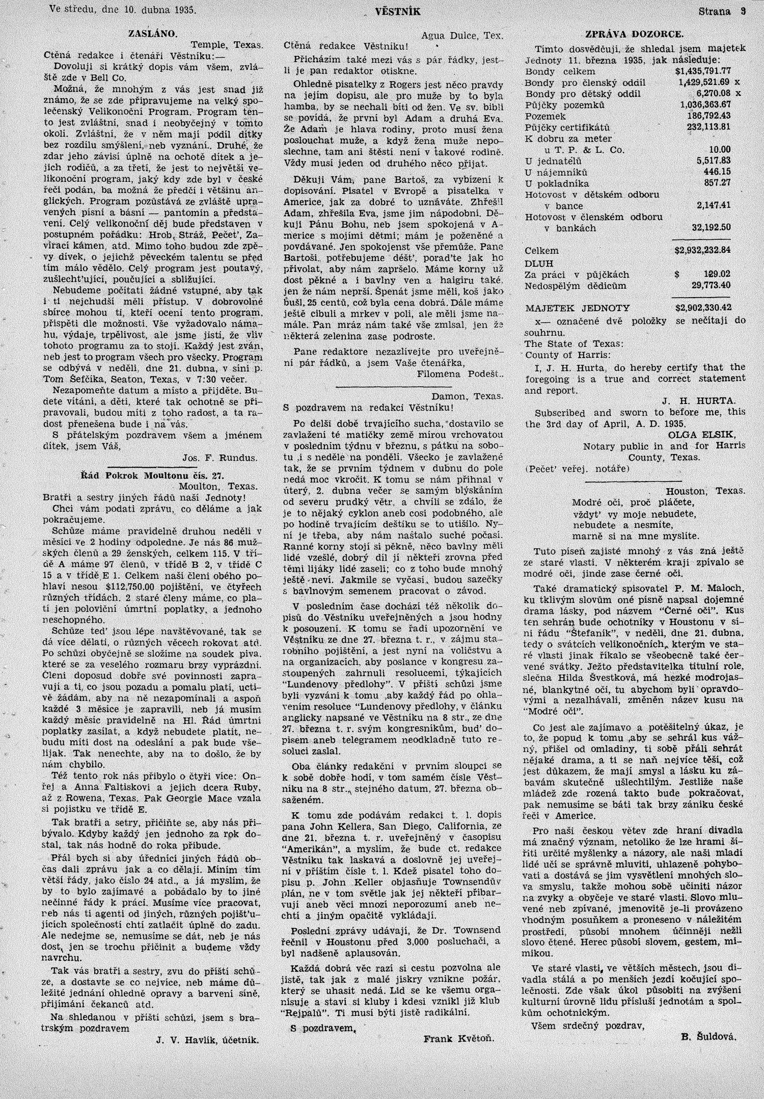 Věstník (West, Tex.), Vol. 23, No. 22, Ed. 1 Wednesday, April 10, 1935
                                                
                                                    [Sequence #]: 3 of 16
                                                