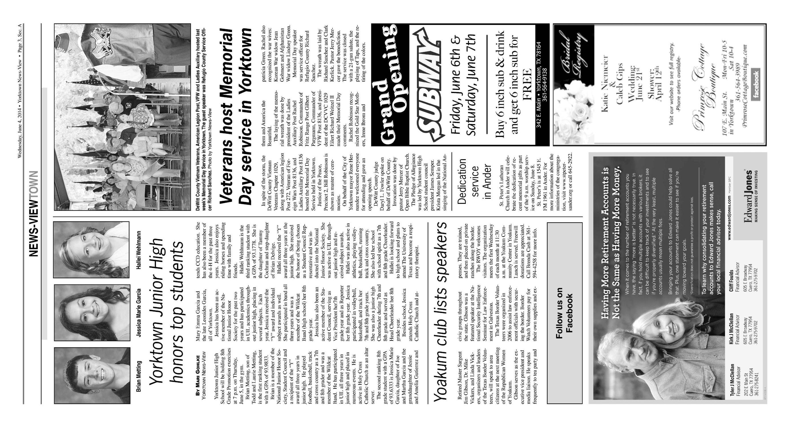 Yorktown News-View (Yorktown, Tex.), Vol. 122, No. 46, Ed. 1 Wednesday, June 4, 2014
                                                
                                                    [Sequence #]: 3 of 18
                                                