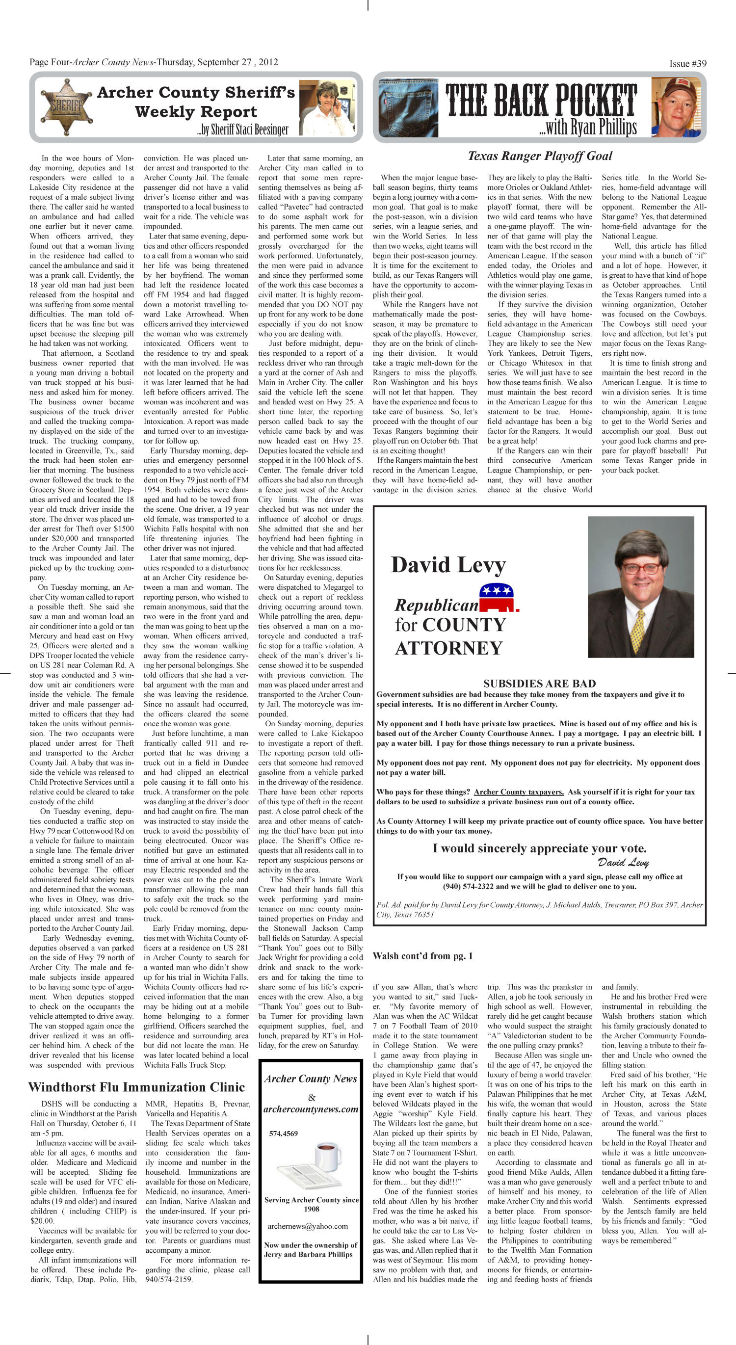 Archer County News (Archer City, Tex.), Vol. 104, No. 39, Ed. 1 Thursday, September 27, 2012
                                                
                                                    [Sequence #]: 4 of 12
                                                