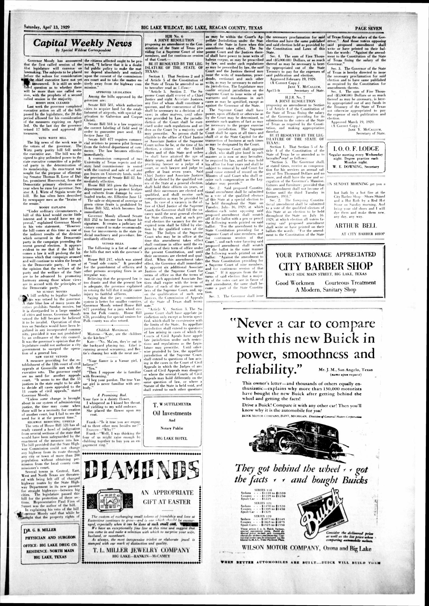 The Big Lake Wildcat (Big Lake, Tex.), Vol. 4, No. 30, Ed. 1 Saturday, April 13, 1929
                                                
                                                    [Sequence #]: 7 of 8
                                                