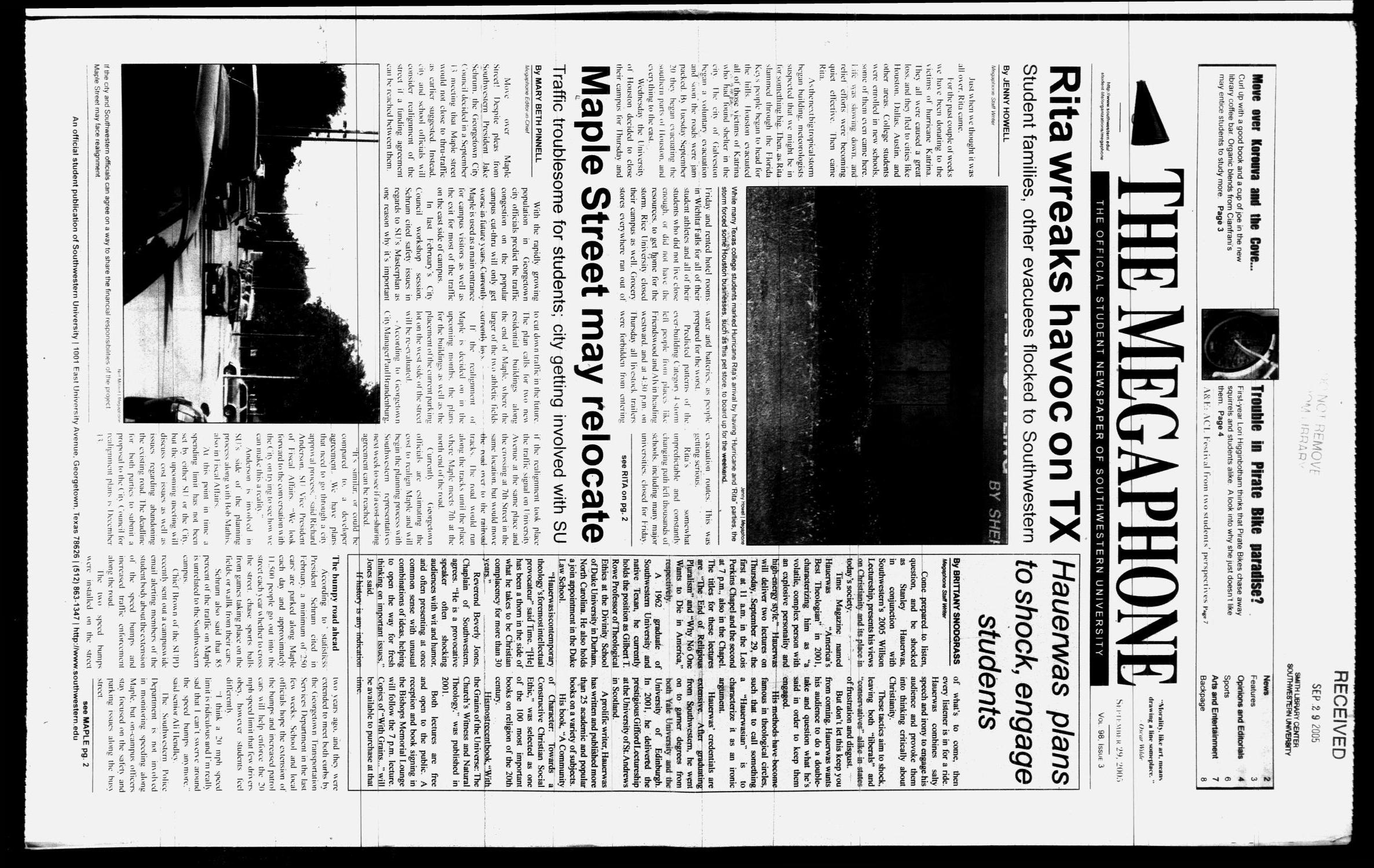 The Megaphone (Georgetown, Tex.), Vol. 98, No. 03, Ed. 1 Thursday, September 29, 2005
                                                
                                                    [Sequence #]: 1 of 8
                                                