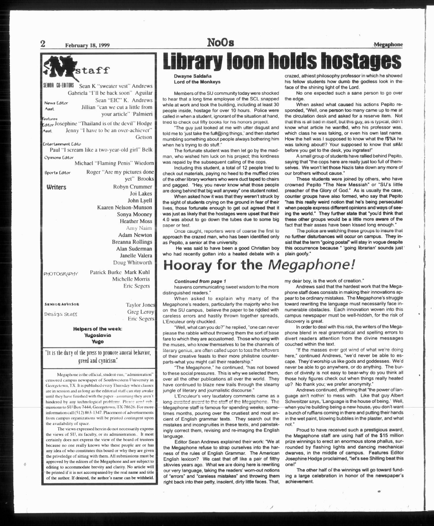 Megaphone (Georgetown, Tex.), Vol. 93, No. 18, Ed. 1 Thursday, April 1, 1999
                                                
                                                    [Sequence #]: 2 of 12
                                                