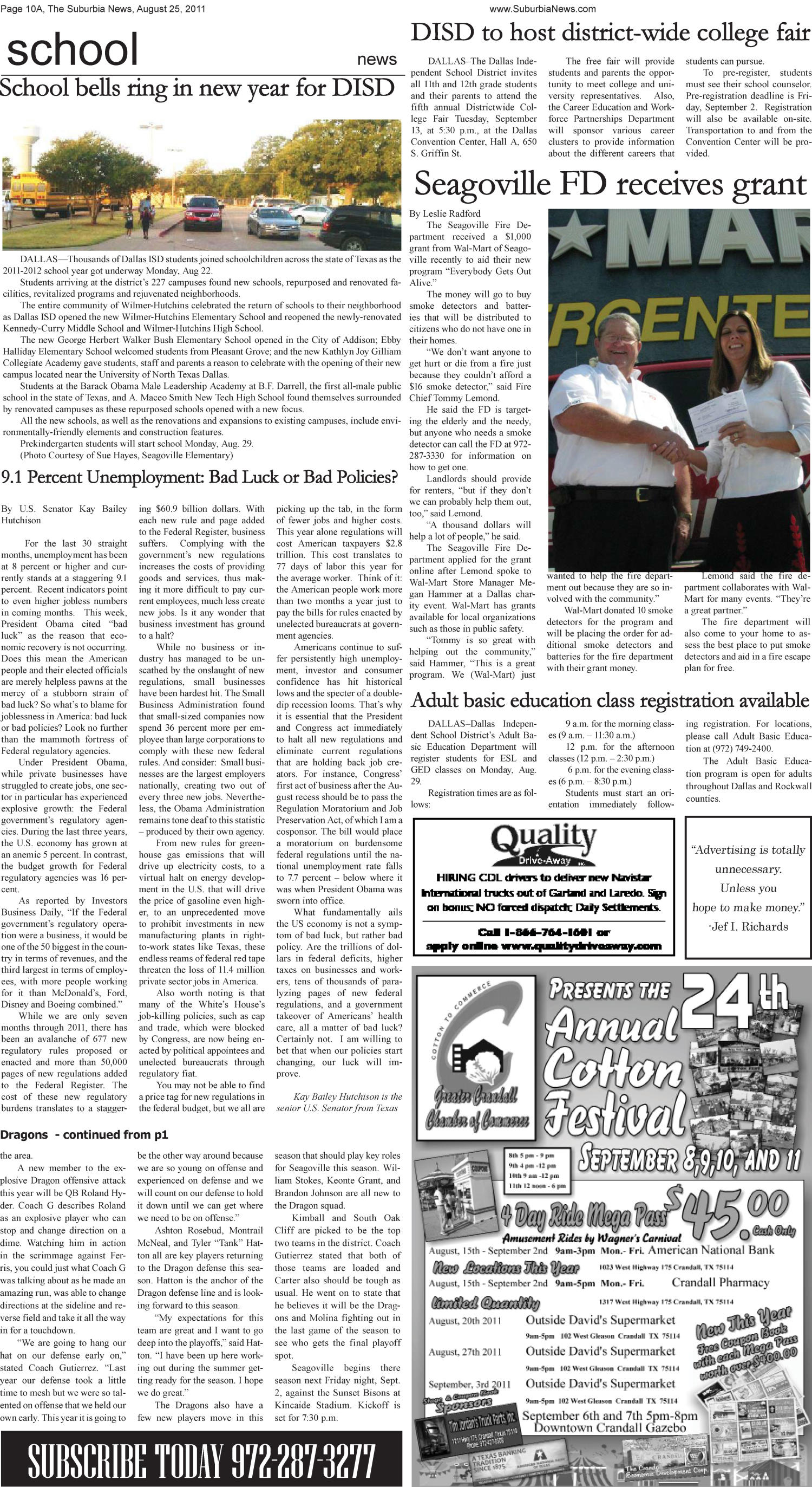 The Suburbia News (Seagoville, Tex.), Vol. 39, No. 40, Ed. 1 Thursday, August 25, 2011
                                                
                                                    [Sequence #]: 10 of 10
                                                