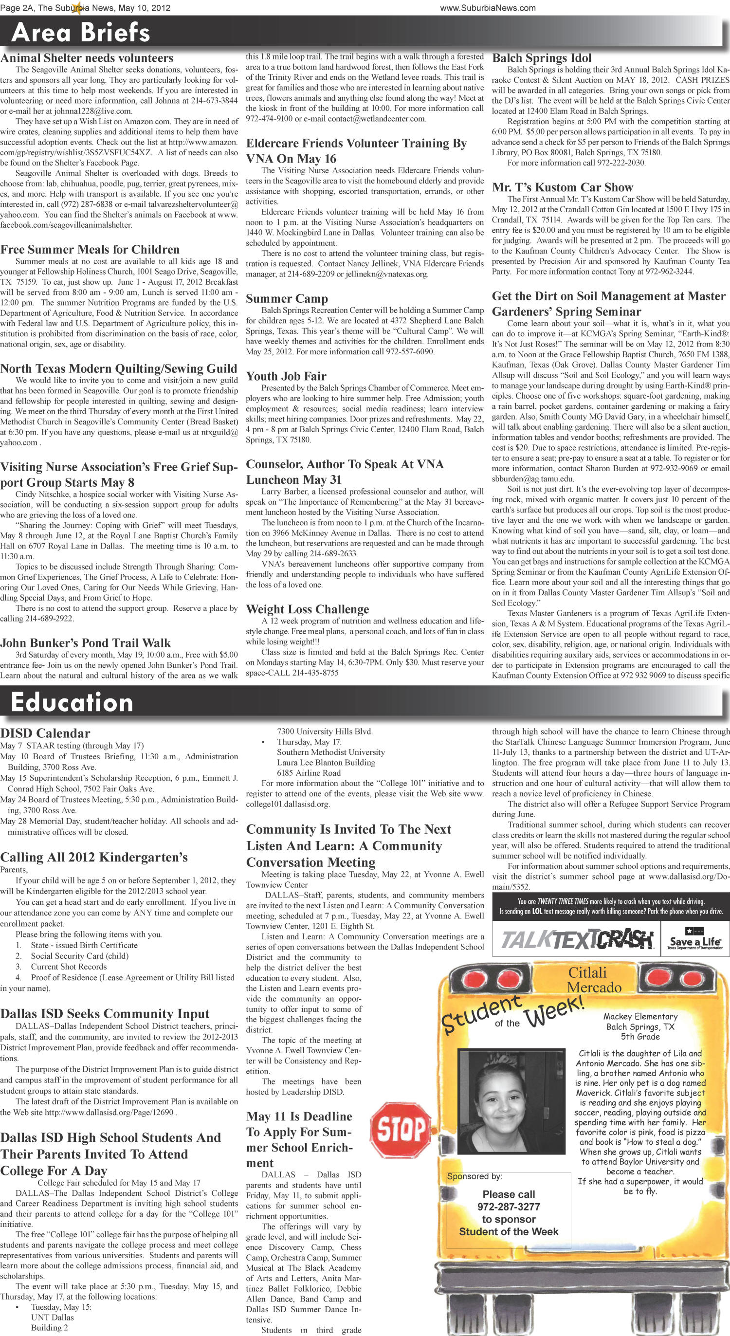 The Suburbia News (Seagoville, Tex.), Vol. 40, No. 25, Ed. 1 Thursday, May 10, 2012
                                                
                                                    [Sequence #]: 2 of 6
                                                