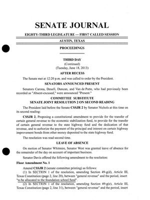 Primary view of object titled 'Journal of the Senate of Texas: 83rd Legislature, First Called Session, Tuesday, June 18, 2013 [Continued]'.