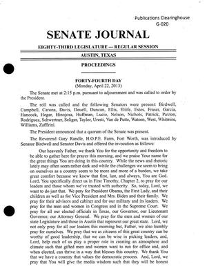 Primary view of object titled 'Journal of the Senate of Texas: 83rd Legislature, Regular Session, Monday, April 22, 2013'.