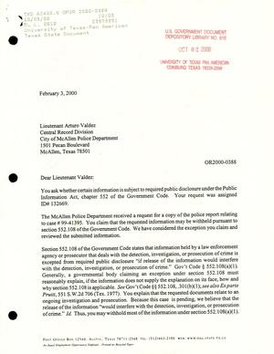 Primary view of Texas Attorney General Open Records Letter Ruling: OR2000-0388