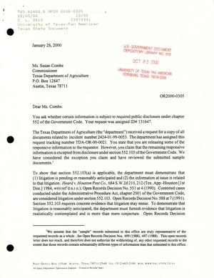Primary view of object titled 'Texas Attorney General Open Records Letter Ruling: OR2000-0305'.