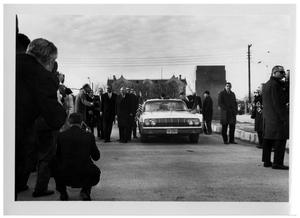 Primary view of object titled '[Ludwig Erhard and Lyndon Johnson Outside of a Car]'.