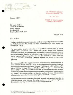 Primary view of object titled 'Texas Attorney General Open Records Letter Ruling: OR2000-0373'.