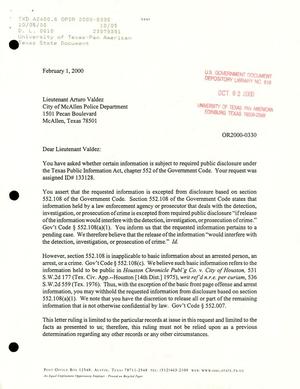 Primary view of object titled 'Texas Attorney General Open Records Letter Ruling: OR2000-0330'.