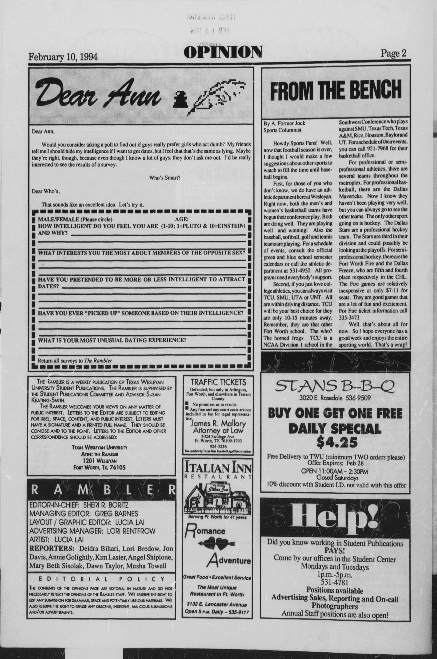 The Rambler (Fort Worth, Tex.), Vol. 71, No. 4, Ed. 1 Thursday, February 10, 1994
                                                
                                                    [Sequence #]: 2 of 6
                                                