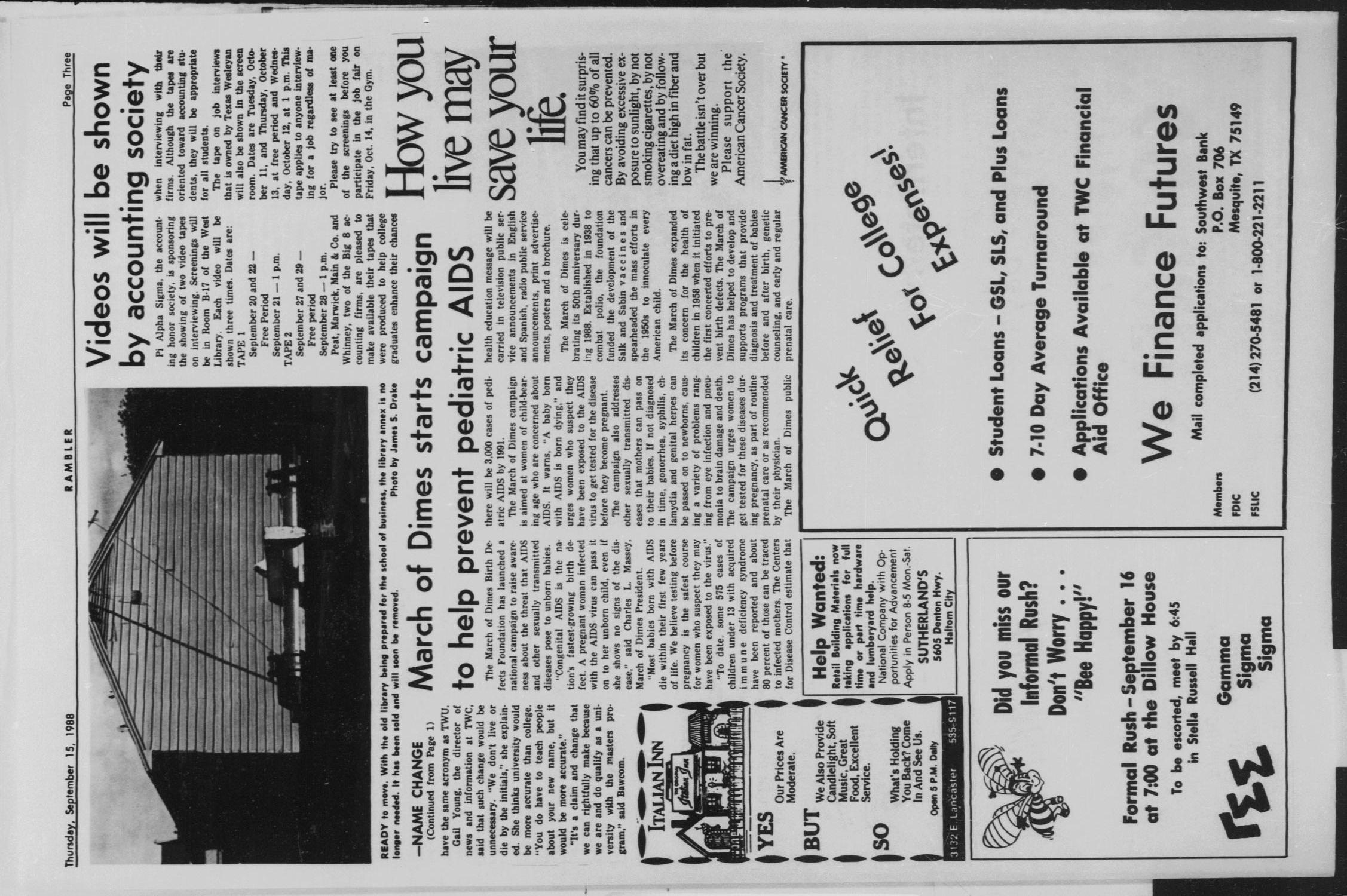 Rambler (Fort Worth, Tex.), Vol. 64, No. 2, Ed. 1 Thursday, September 15, 1988
                                                
                                                    [Sequence #]: 3 of 4
                                                