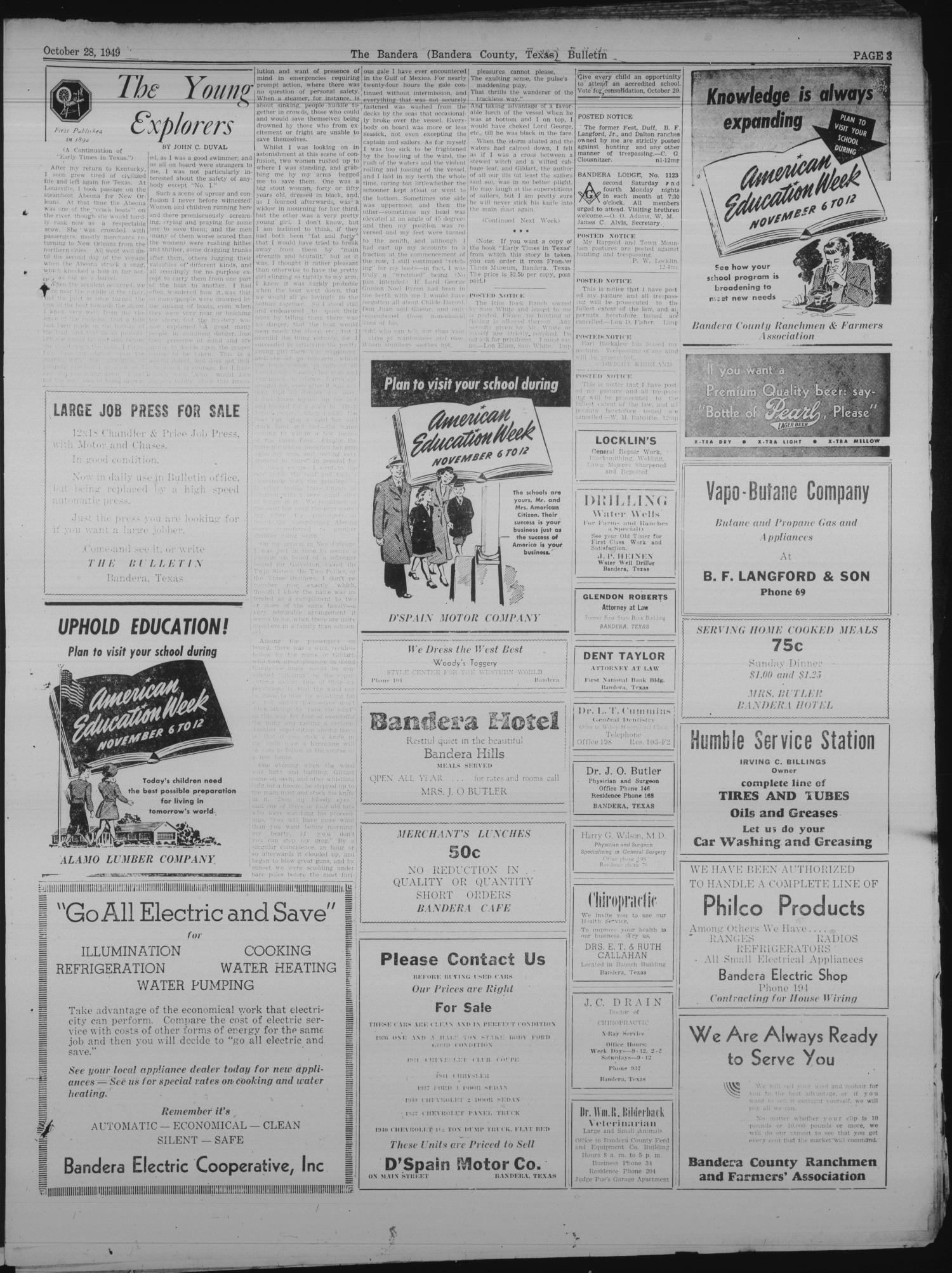 The Bandera Bulletin (Bandera, Tex.), Vol. 5, No. 18, Ed. 1 Friday, October 28, 1949
                                                
                                                    [Sequence #]: 3 of 8
                                                