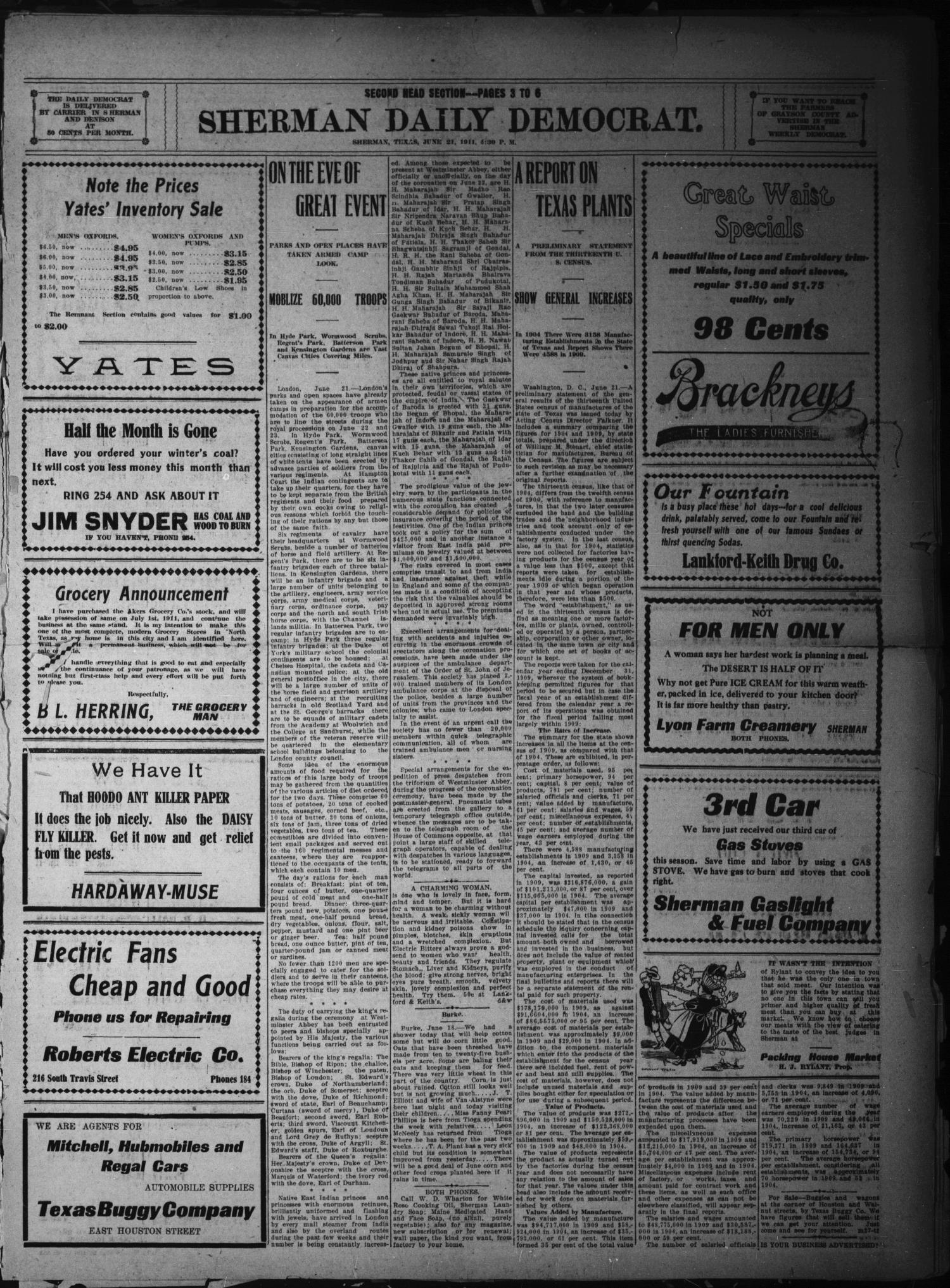 Sherman Daily Democrat. (Sherman, Tex.), Vol. THIRTIETH YEAR, Ed. 1 Wednesday, June 21, 1911
                                                
                                                    [Sequence #]: 3 of 8
                                                