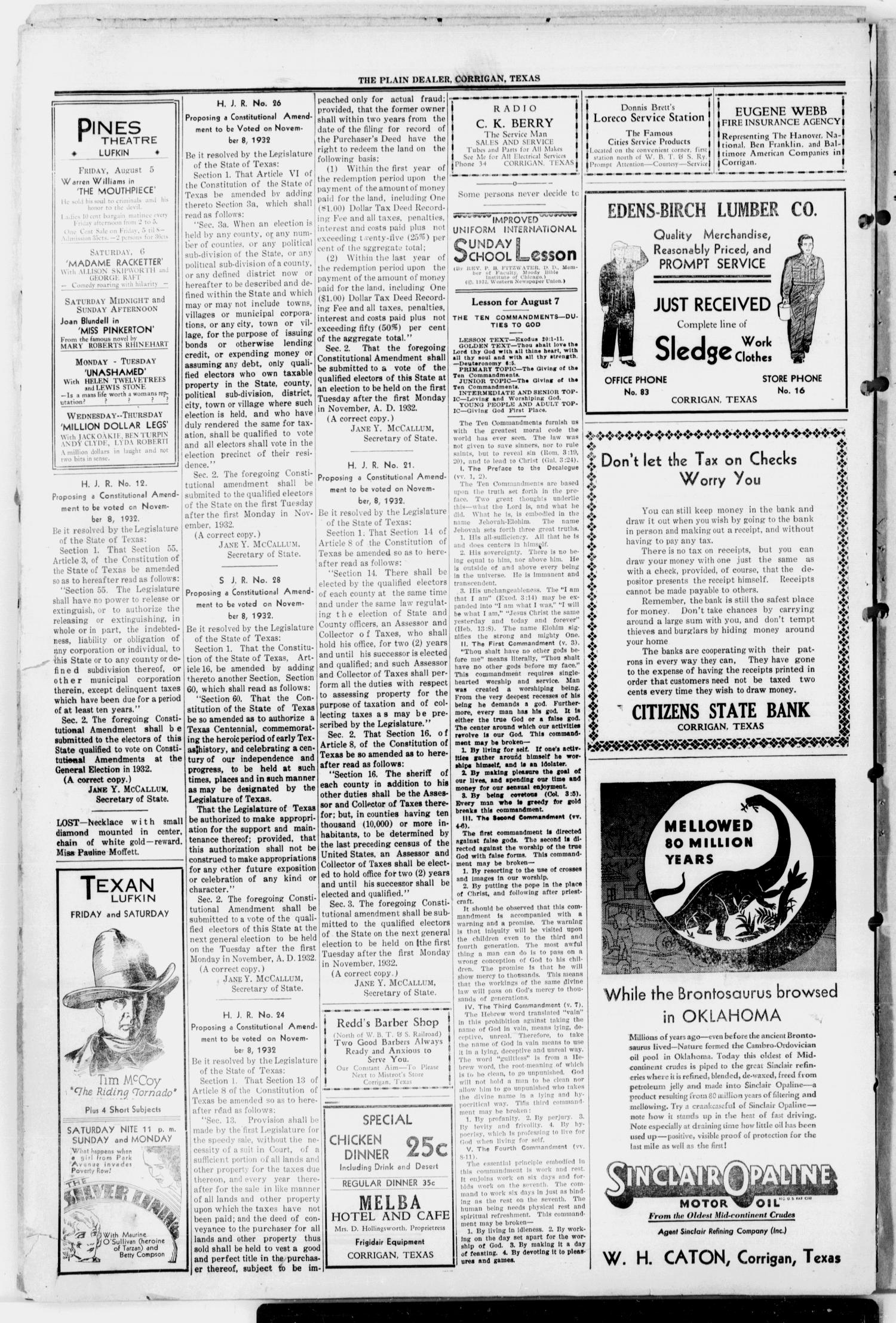 The Plain Dealer (Corrigan, Tex.), Vol. 1, No. 26, Ed. 1 Friday, August 5, 1932
                                                
                                                    [Sequence #]: 4 of 4
                                                