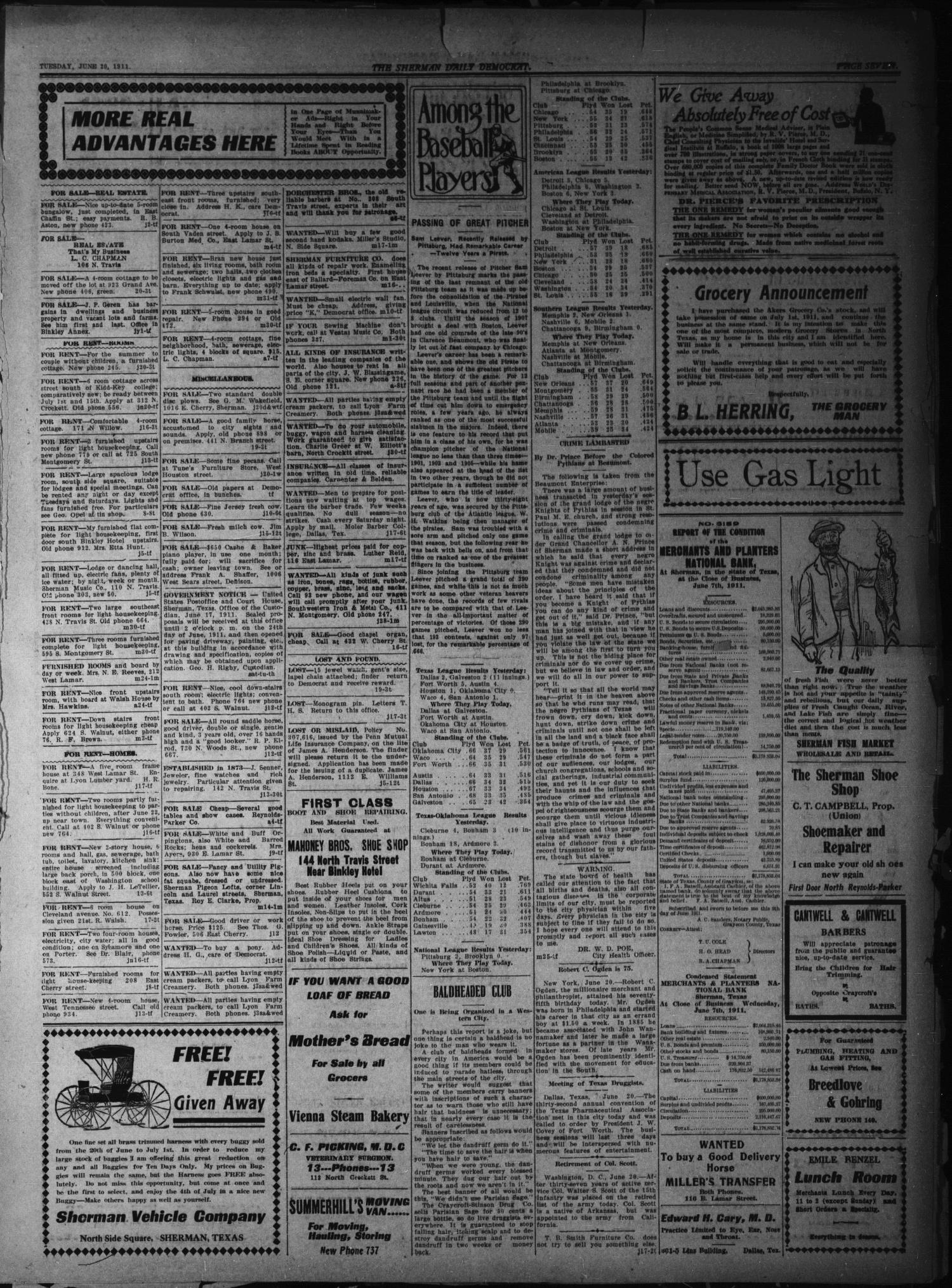 Sherman Daily Democrat. (Sherman, Tex.), Vol. THIRTIETH YEAR, Ed. 1 Tuesday, June 20, 1911
                                                
                                                    [Sequence #]: 7 of 8
                                                