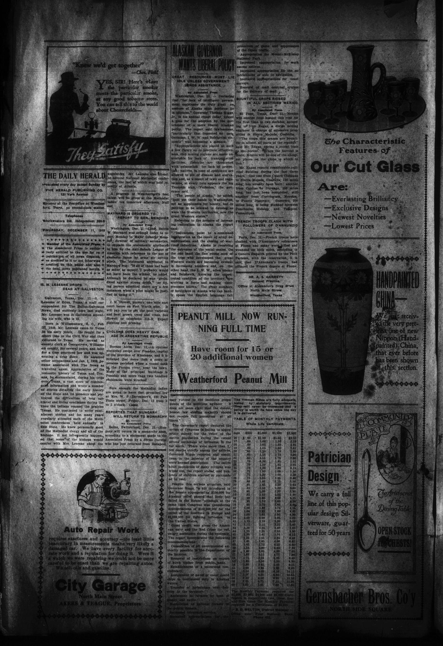 The Daily Herald (Weatherford, Tex.), Vol. 20, No. 266, Ed. 1 Thursday, December 11, 1919
                                                
                                                    [Sequence #]: 2 of 6
                                                