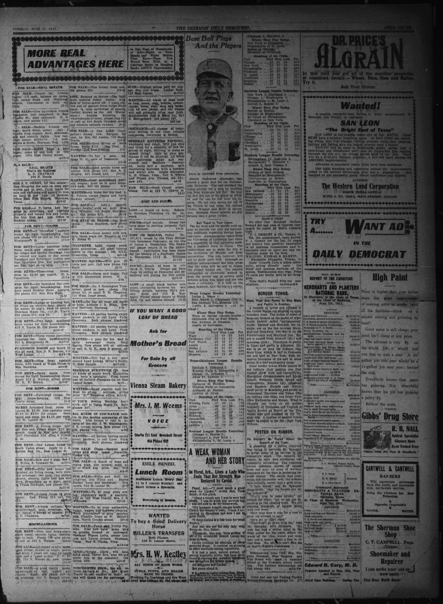 Sherman Daily Democrat. (Sherman, Tex.), Vol. THIRTIETH YEAR, Ed. 1 Tuesday, June 13, 1911
                                                
                                                    [Sequence #]: 7 of 8
                                                