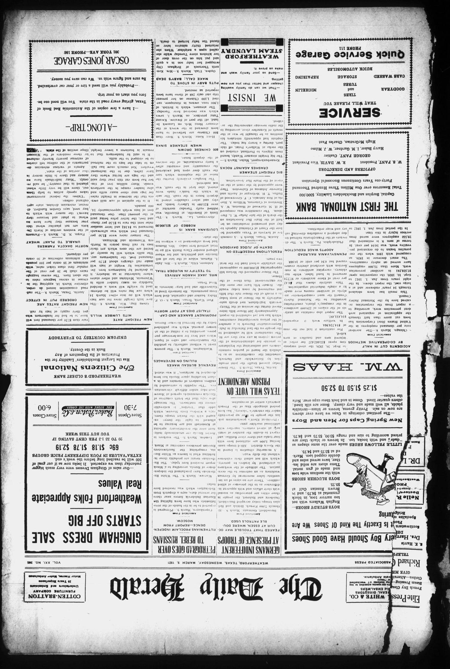 The Daily Herald (Weatherford, Tex.), Vol. 21, No. 365, Ed. 1 Wednesday, March 9, 1921
                                                
                                                    [Sequence #]: 1 of 4
                                                