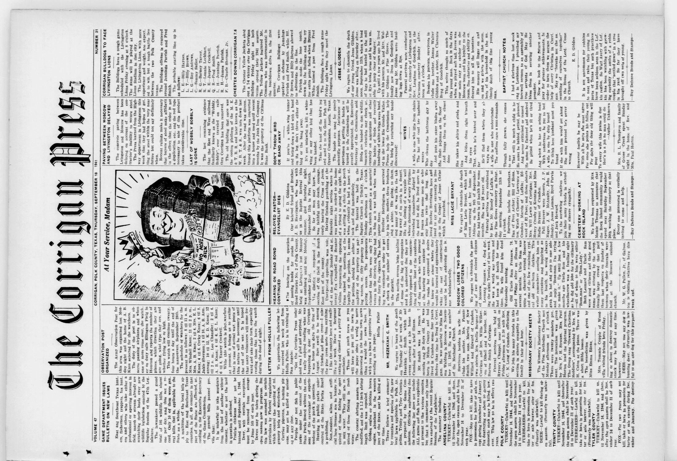The Corrigan Press (Corrigan, Tex.), Vol. 47, No. 31, Ed. 1 Thursday, September 18, 1941
                                                
                                                    [Sequence #]: 1 of 8
                                                