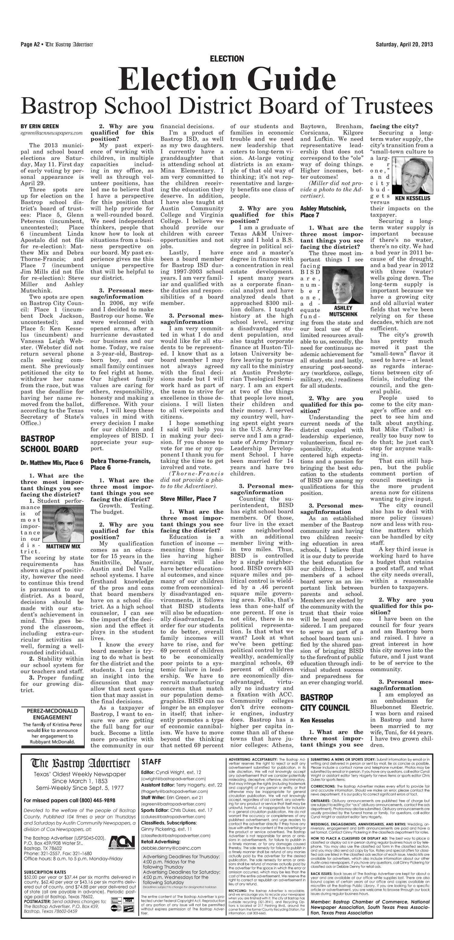 The Bastrop Advertiser (Bastrop, Tex.), Vol. 160, No. 23, Ed. 1 Saturday, April 20, 2013
                                                
                                                    [Sequence #]: 2 of 10
                                                