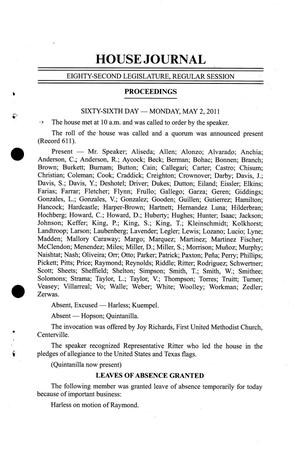 Primary view of object titled 'Journal of the House of Representatives of Texas: 82nd Legislature, Regular Session, Monday, May 2, 2011'.