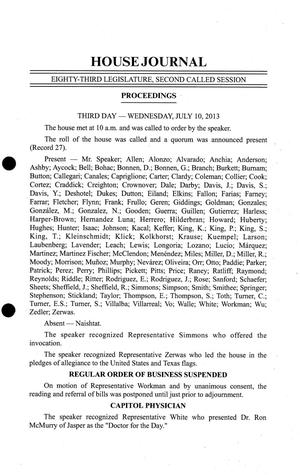 Primary view of object titled 'Journal of the House of Representatives of Texas: 83rd Legislature, Second Called Session, Wednesday, July 10, 2013'.